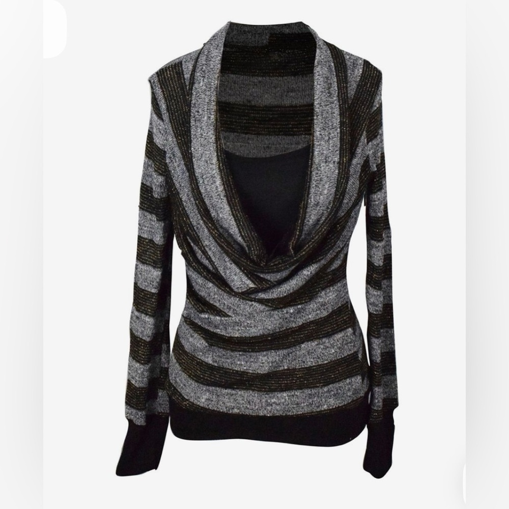 Ginger G Black and Silver Striped Cowl Neck Sweater- NWOT L